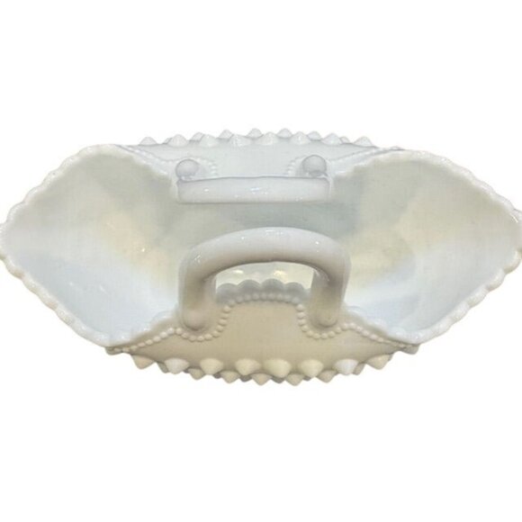 White Hobnail Milk Glass Mini Basket With Handle & Scalloped Edge - Picture 8 of 8